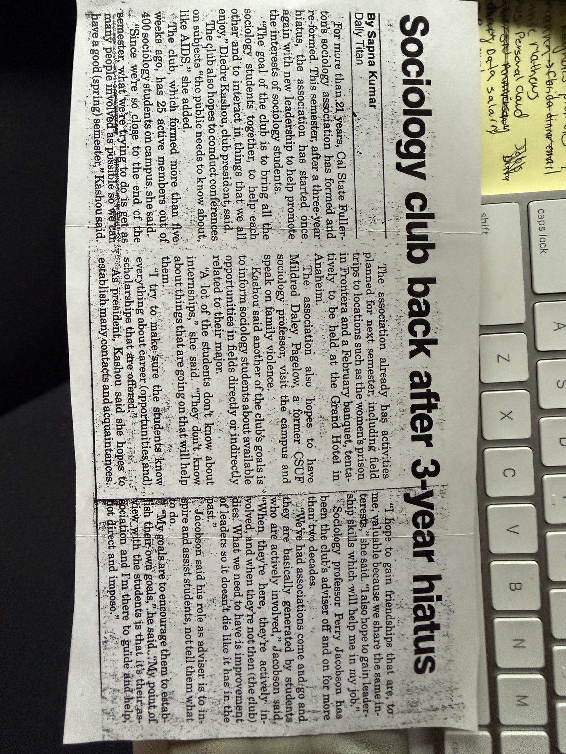 Newspaper article from my junior year of college, when I became president of the Sociology Club